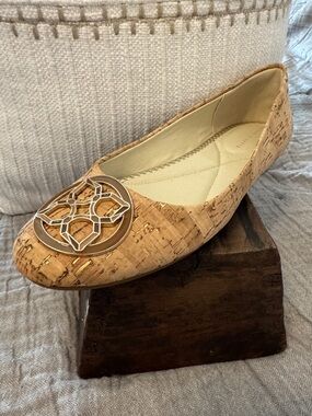 Kelly & Katie Cork-Textured Ballet Flat with Gold Medallion - Tan